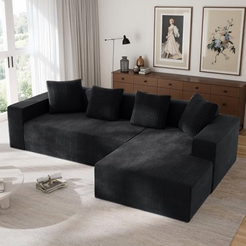 Zubaliya Divano ad angolo moderno a forma di L, divano completamente compresso, senza struttura in legno, divano a 3 posti per soggiorno e camera da letto, velluto a coste (nero)