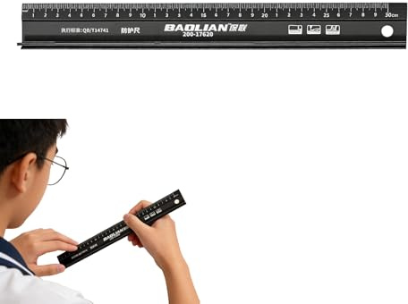 30CM Metal Ruler for Cutting with Raised Grip - Heavy Duty Steel Ruler, Non-Slip Aluminium Cutting Ruler, Etched Markings for Precision Measurement, Drawing & Crafting (Black)
