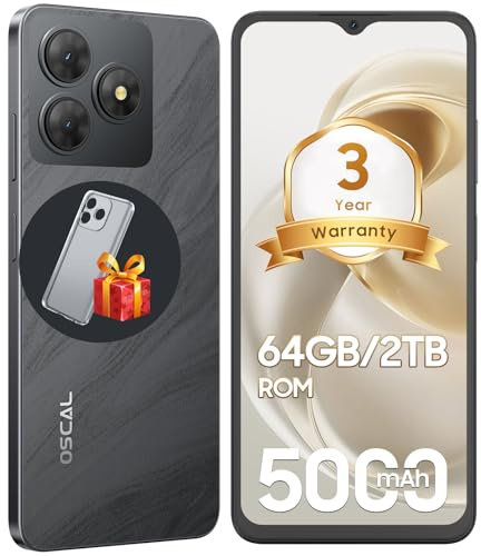 OSCAL Mobile Phones, Flat 2C Android Phones (3YRW-Third Generation), 6GB +64GB/2TB Octa Core Cheap Mobile Phone, 6.56Inch, 5000mAh Dual SIM Unlocked, 13MP Main Camera, 4G, FaceID/GPS, Black