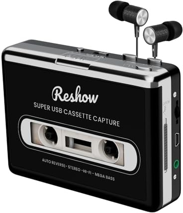 Reshow Lecteur de cassette portable - Convertit les cassettes en MP3 via USB et enregistrez de la musique MP3 - Noir