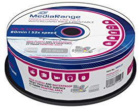 MediaRange CD-R 700MB|80min 52-fache Schreibgeschwindigkeit, vollflächig bedruckbar (Tintenstrahldrucker), Waterguard weiß, hochglänzend und wasserfest, voll metallisiert, 25er Pack, MRPL512
