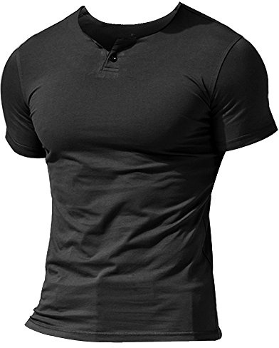 Musclealive Hommes Decontractee Manche Courte Henleys T-Shirt Unique Bouton Patte de Boutonnage Cou uni Chemises en Coton Style A Noir, L