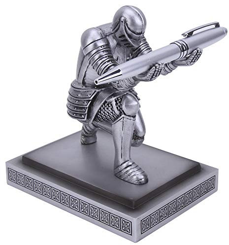 Amoysanli Knight Pen Holder Desk Organizers and Accessories Desk Decor Resin Pen Holder as Gift with a Cool Pen for Office and Home (Silver)