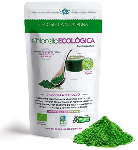 Chlorella en polvo Bio Ecológica y de Pared celular rota - Libre de Metales Pesados para Dietas DETOX Vegano - Alto contenido Clorofila