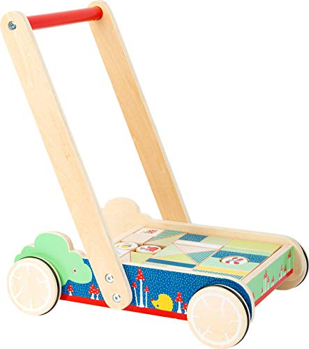 Small Foot 11435 Lauflernwagen Move it, aus Holz, mit 27 bedruckten Bauklötzen, für erste Gehversuche Spielzeug, Mehrfarbig
