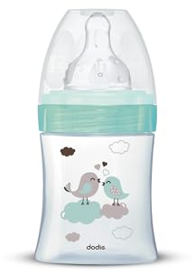 Dodie - Biberon Anti-Colique Initiation+ Verre, Vert Oiseau, 150ml, 0-6 mois, Tétine ronde, Débit 1