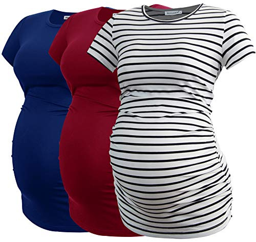 Smallshow graviditet kläder toppar sida Ruched graviditet kläder för kvinnor 3-Pack Navy-White Stripe-Wine X-Large