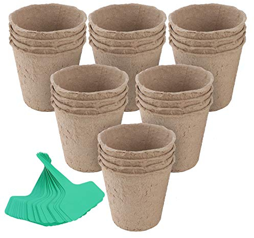 Fippy Lot de 60 Pots à semis en fibre biodégradable de 8,5 cm, pots de tourbe ronds pour semis d’herbes, de fleurs, de légumes, avec 60 étiquettes pour plantes