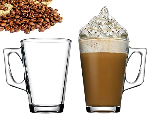 Latte Glasses Set of 2 Tea & Coffee Cups 240ml Temperature Resistant Hot Drink Cafe Mugs with Handle Ideal for Milk Juice Ice Cream Latte, Cappuccino, Espresso and Hot Chocolate