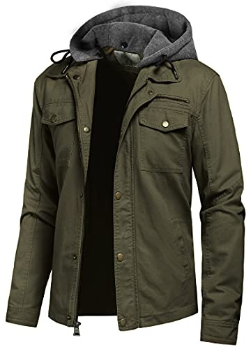 Pursky Men's Casual Cotton Slim Fit Coat With Removable Hood Military Work Outerwear Jacket M Army Green