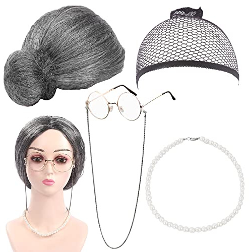 BLUESEABUY 5 Pezzi Granny Vecchia Signora Accessorio con Parrucca Cappuccio Grigio Nonna Parrucca Nonna Occhiali Cinturino Catene Occhiali Gioielli di Perle per Halloween Carnevale Giochi di Ruolo