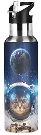 Space Cat Astronaut Water Bottle Kids Earth Planet Insulated Thermos Stainless Steel Hot Cold Water Flask Jug with Straw Lid for Sports Gym Running 20 oz