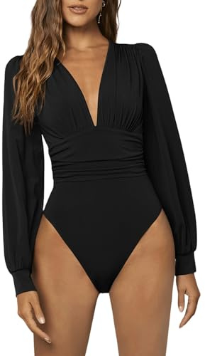 GORGLITTER Women's Ruched Lantern Long Sleeve Bodysuit Deep V Neck Solid Tops Black Large