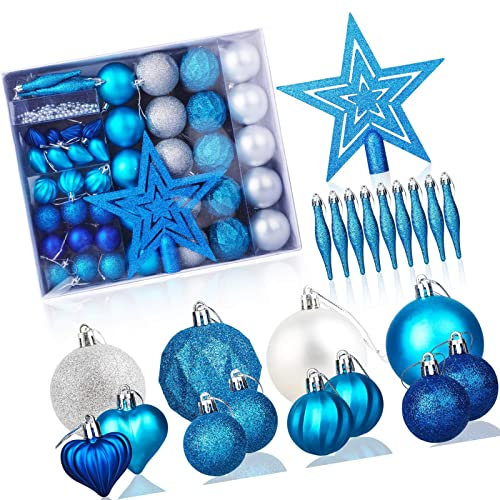 Christbaumkugeln Set 50 Stück weihnachtsbaumkugeln aus Kunststoff -Silber und Blau, Christbaumkugeln Plastik Bruchsicher mit Aufhänger für Christbaumschmuck & Weihnachtsbaum Deko