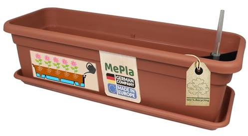 MePla – XXL balkonglåda med bevattningslängd 60 cm + underlägg 57 cm – terrakotta, blomkruka – växtlåda av väderbeständig UV-resistent plast