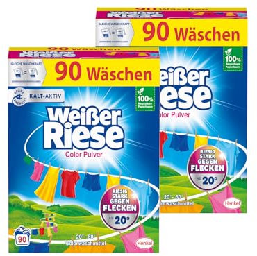 Weißer Riese Color Pulver 180 WL (2 x 90 Waschladungen), Color Waschmittel riesig stark gegen Flecken, Kalt-Aktiv schon ab 20° C, ergiebiges Waschpulver, ideal für Familien mit Kindern
