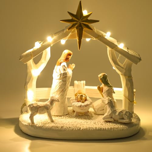 CHUANGLI Nativity Set for Christmas Decoration, Resin LED Nativity Set Nativity Scene Indoor with Manger, Nativity Sets & Figures Nativity Story- Christmas Decorations Indoor