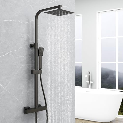Aica Sanitarios Columna de Ducha Termostática Negro Mate 80-120cm con Alcachofa Superior de 8 Pulgadas Cuadrada Ducha Lluvia para Baño
