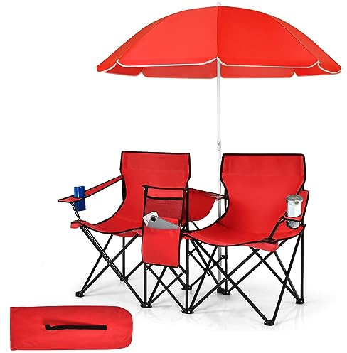 GIANTEX Juego de 2 Sillas de Camping Plegables con Sombrilla, Sillas de Pesca para 2 Plazas con Portavasos y Bolsa Nevera, para 2 Personas, con Bolsa de Transporte (Rojo)