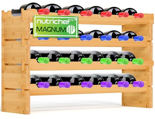 NutriChef botellero Vino Bambu, Wine Rack, Vinoteca, Vinera, para 24 Botellas tamaño Magnum, Apilable, 4 Niveles