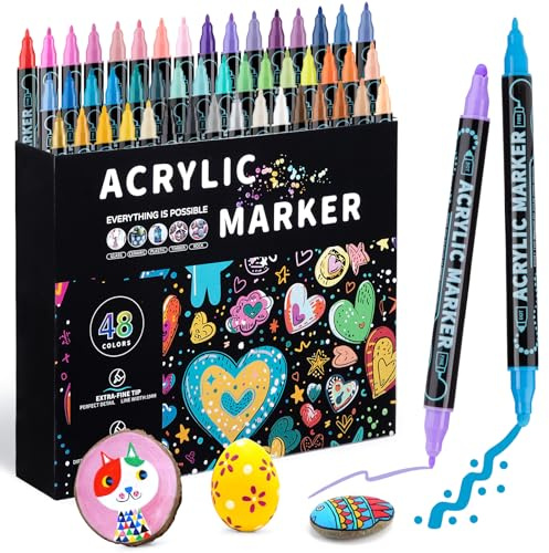Mzh Art Rotuladores de pintura acrílica de doble punta de 48 colores, marcadores acrílicos de doble punta, marcadores para madera, pintura de roca, vidrio, lienzo, piedra, manualidades, suministros de