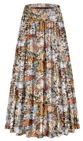 CYiNu Women's Chiffon Elastic High Waist Tiered Pleated Floral Printed A-Line Boho Long Maxi Skirts(Coffee Floral,M)