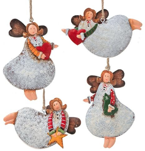 Herzone, 4 ciondoli natalizi a forma di angelo per albero di Natale, in metallo (4 angeli)