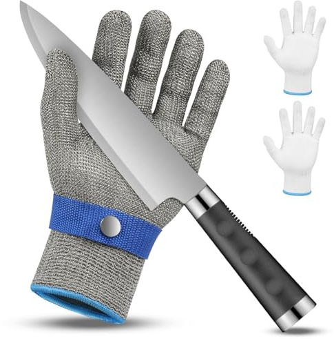flintronic Skärskyddshandske, skärskyddshandske i rostfritt stål med 2 bomullshandskar, nivå 9 skärtåliga handskar, kedjetvätska, ostronhandske, kökshandskar skärbeständig (XXL)
