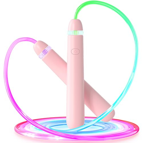 LED Light Up Jump Rope for Kids and Adult, Adjustable Glowing Skipping Rope for Boys and Girls, Colorful Luminous Jumping Rope for Fitness and Workout Pink
