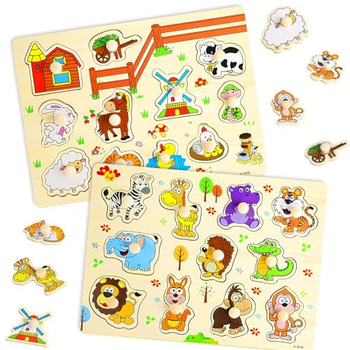 2 Stück Bauernhof Holzpuzzles,Puzzle zur Erkennung Von Tierformen,Steckpuzzles für Kinder,Baby Puzzle,Dschungeltiere Greifpuzzle Holz,Geschenk für MäDchen und Jungen Ab 2 Jahren