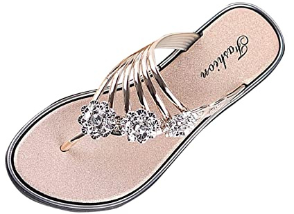 BFYSFBAIG Women's Diamante Sandal Glitter Slides Mules Summer Thong Sandals Stylish Flat Sandals Sparkly Flip-Flop Beach Shoes (Rose Gold, Adult, Women, 6, Numeric, UK Footwear Size System, Medium)