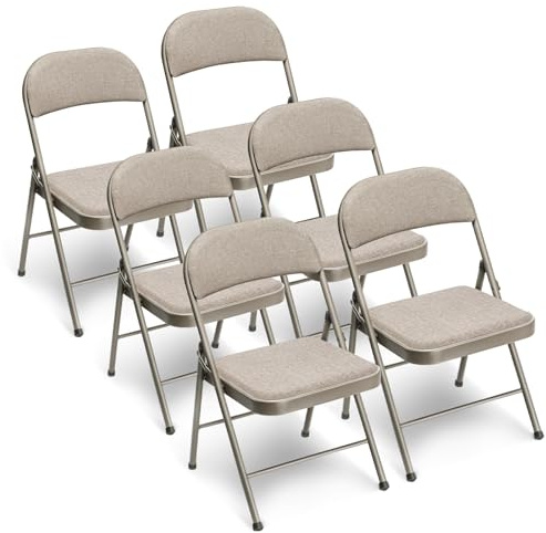 BULAGE Set di 6 sedie da giardino fino a 158 kg, sedie pieghevoli in metallo, sedie impilabili con cuscino in tessuto, per giardini, balconi, cucine, terrazze, sedie da esterno pieghevoli, cachi