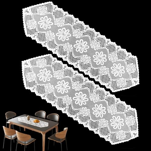 Paquete de 2 caminos de mesa de encaje blanco de 34,5 x 114 cm, tapetes rectangulares de ganchillo vintage para boda, mesa de comedor, tocador, decoración bohemia del hogar, decoración de fiestas