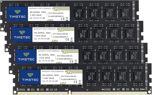Timetec Premium 32GB KIT(4x8GB) DDR3L / DDR3 1600MHz (DDR3L-1600) PC3L-12800 / PC3-12800 Non-ECC Unbuffered 1.35V/1.5V CL11 2Rx8 Dual Rank 240 Pin UDIMM Desktop PC Computer Memory RAM(SDRAM) Upgrade
