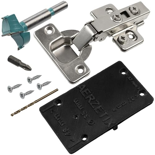AERZETIX - Sats med 4 dolda gångjärn med full överlappning 110° med dämpningsclip 3D justering + borrmall Ø35 mm + forstnerborr Ø35 mm + träborr Ø2.5 mm + 16 skruvar Ø3.5x16 mm och bit PZ2