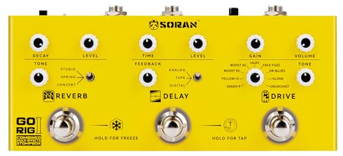 SORAN Go Rig I Multi Effects Pedal, Electric Guitar Multi-effects Stompbox with 9 Drive, 3 Delay (Tap Tempo), 3 Reverb (Freeze), Noise Gate, Stereo Output, 5+ Hours USB-C Battery, Compact Metal