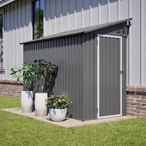 Sweiko Abri de Jardin métallique 4x8 Pieds avec Porte verrouillable, Remise Outil avec 2 aérations et Toit incliné, Cabane Rangement Exterieur pour Outils (Grey)