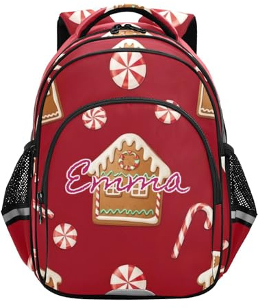 RPLIFE Mochila para niños para la escuela con nombre personalizado, casas de jengibre, mochila roja para niños de la escuela primaria, Casas de pan de jengibre, color rojo, 15 Inch, Mochilas