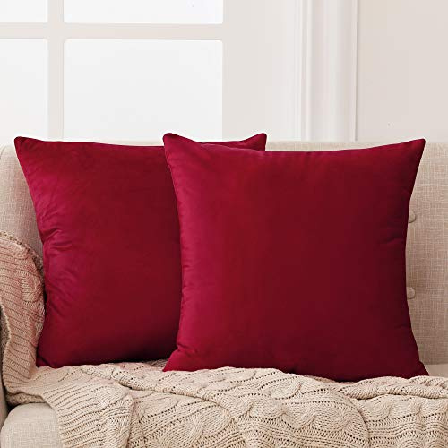 Deconovo Christmas Decoration Set of 2 Square Crushed Velvet Cushion Covers 45cm x 45cm 18x18 Inches Throw Pillow Cases Cushion Covers with Invisible Zipper Red