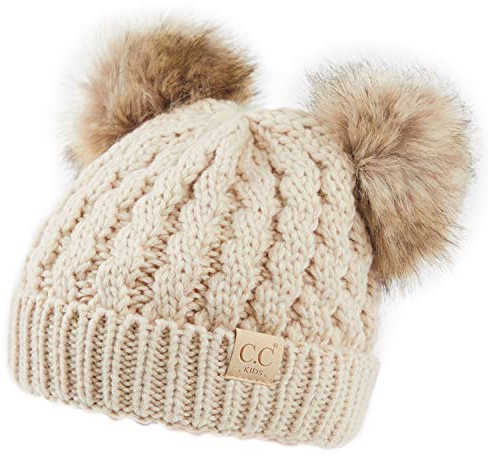 C.C Exclusives Children Kid Double Pompom Knitted Beanie for Kids Ages 2-7 (KIDS-2055) (A Pompom Beige)