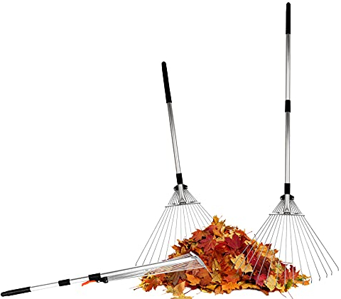 BigDean 3X Teleskop Laubfächer ausziehbar - bis zu 60 cm breit & bis zu 160 cm lang - Fächerbesen mit 15 Zinken - Laubbesen Laubrechen Kleinfeger Rechen