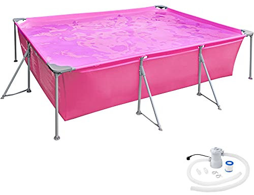tectake® Piscine Tubulaire rectangulaire Piscine Hors Sol 375 x 282 x 70 cm Rose, Structure en Acier, PVC Résistant aux UV & à la déchirure, avec Pompe Piscine à Filtre, Montage & démontage Facile