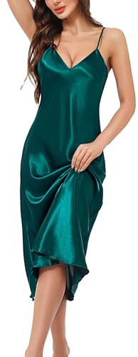 Litherday Women Silk Nightdress Lingerie Long Negligees Satin Chemise Nighty Nightwear Nightgown Full Slips Babydoll Sleepwear Strap Dress(Dark Green,S