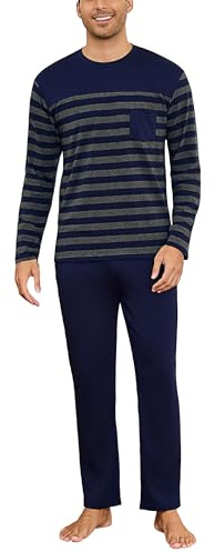 Irdcomps Pyjama Homme Coton Hiver Ensembles de Pyjamas à Rayures Chauds Manches Longues Col Rond Vêtements De Nuit Vêtements de Détente pour Hommes Deux Pièces Confortable Doux Bleu Marine1 L