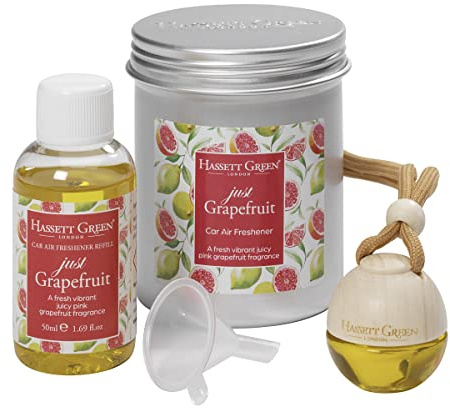 Hassett Green London Just Grapefruit Car Air Freshener & Refill Kit | Empty wooden-top freshener & 50ml oil, Fresh, vibrant pink citrus aroma, Refillable design, For cars & small spaces