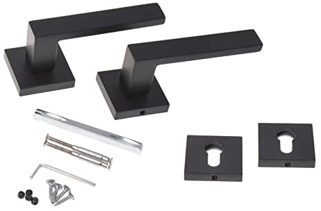 Aqbau® Rosett-set, dörrhandtag, handtag i set, dörrbeslag av aluminium, svarta (PZ, profilcylinder)