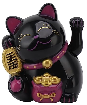 Lucky Cat, Waving Arm Wealth Health Welcoming Battery Operated Fortune Cat, Chinese Feng Shui Deoration Lucky Cat Figurine for Shops, Restaurants, Car, Home Decoration (5.5 inch) (MLY11020-5 Black)