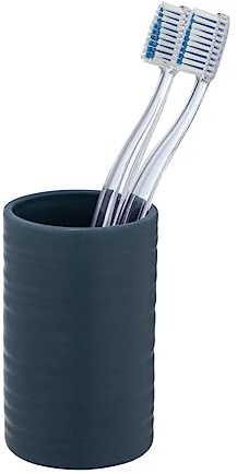 WENKO Zahnputzbecher Mila, Zahnbürstenhalter aus Keramik mit geriffelter Oberfläche für Gute Haptik, Ø 6,5 x 10,5 cm, Blau