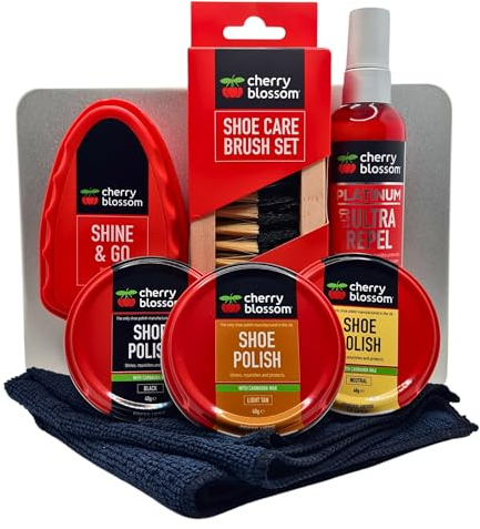 Shoe Polish Kit, Shoe Care Set - Silver Tin | Black, Brown & Neutral Shoe Polish, 2 Brushes, Water and Stain Eco Ultra Repel, Shine & Go Instant Shine, Microfiber Cloth