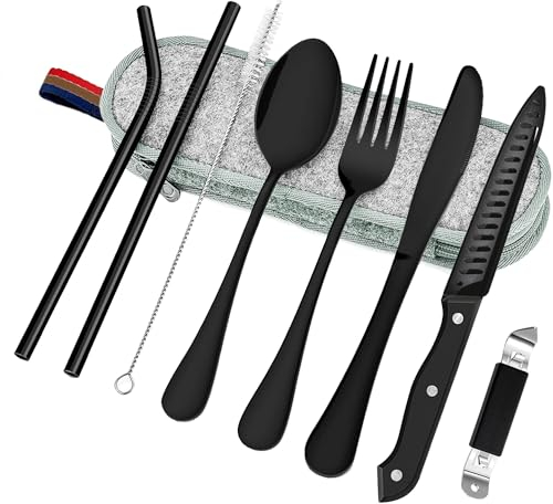 Txeouse 9 Stück Tragbares Campingbesteck,Edelstahl Reisebesteck,Reisebesteck mit Etui,Geeignet für Camping,Picknick,Schule und Alltag,Outdoor Besteck und Zubehör